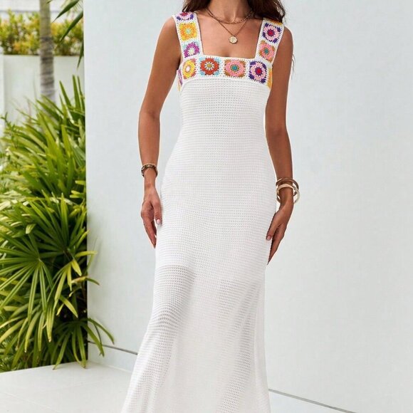White Boho Women's Slim Fit Crochet Flower Fishtail Dress - Picture 3 of 6